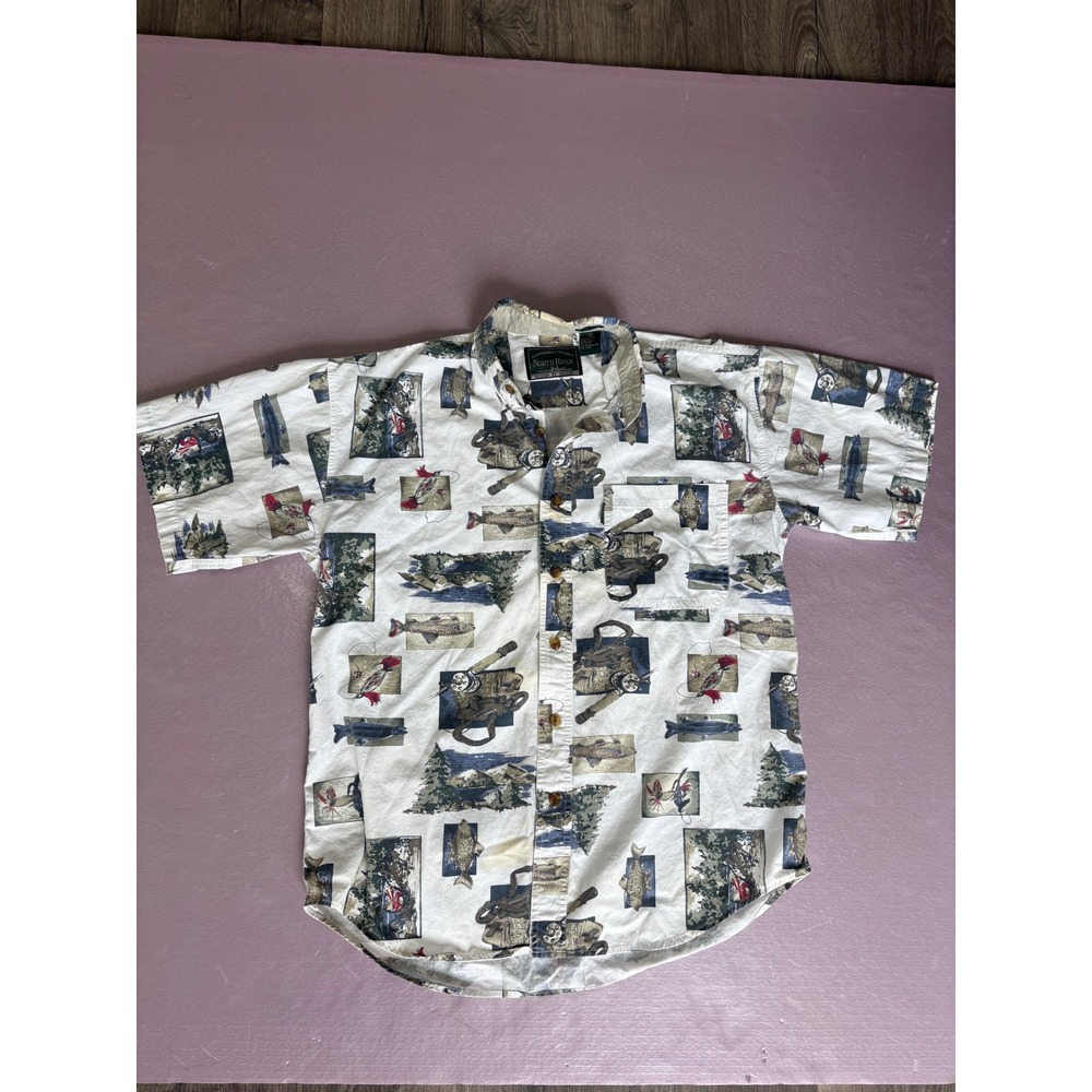 North River Fishing Shirt Outdoorsman‎ Print Short Sleeve Button Up Medium